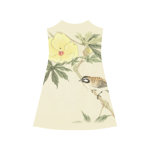 Bird with yellow flowers, oriental Woodcut Print Alcestis Slip Dress (Model D05)