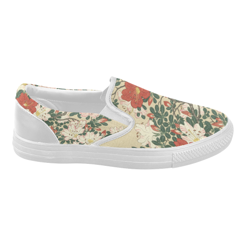 Azalea flowers, Japanese woodcut print, Women's Slip-on Canvas Shoes (Model 019)