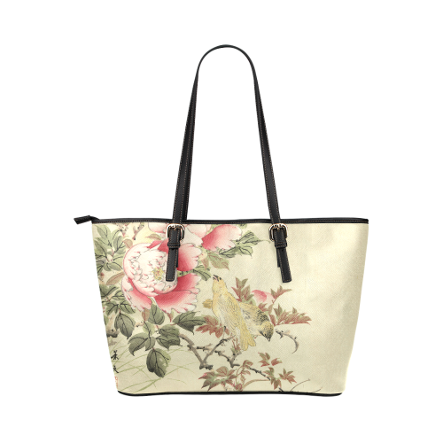 Peony flowers & Birds, japanese woodcut print, Leather Tote Bag/Large (Model 1651)