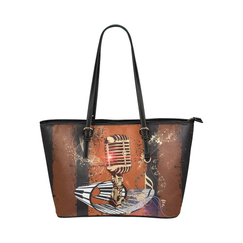 Music, golden microphone and piano Leather Tote Bag/Small (Model 1651)