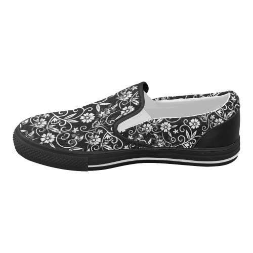 Black N White Floral Women's Slip-on Canvas Shoes (Model 019)