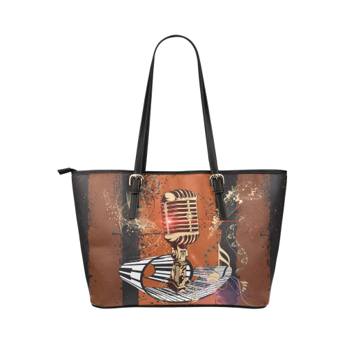 Music, golden microphone and piano Leather Tote Bag/Small (Model 1651)