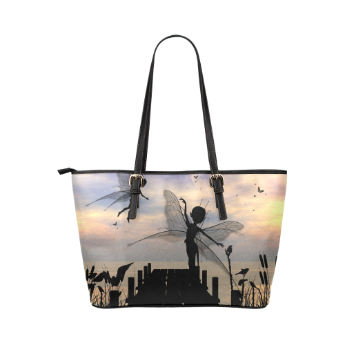 Cute fairy dancing on a jetty Leather Tote Bag/Small (Model 1651)
