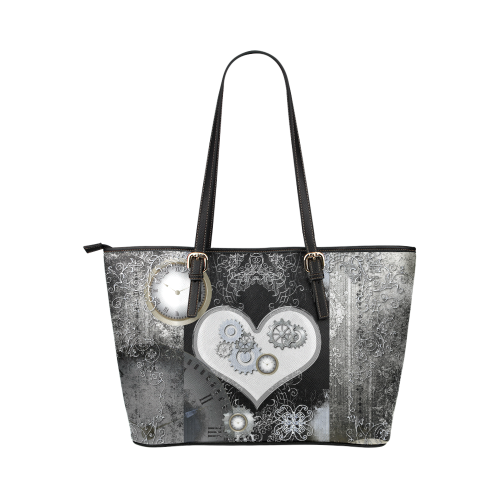 Steampunk, heart, clocks and gears Leather Tote Bag/Small (Model 1651)