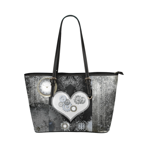 Steampunk, heart, clocks and gears Leather Tote Bag/Small (Model 1651)