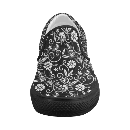 Black N White Floral Women's Slip-on Canvas Shoes (Model 019)