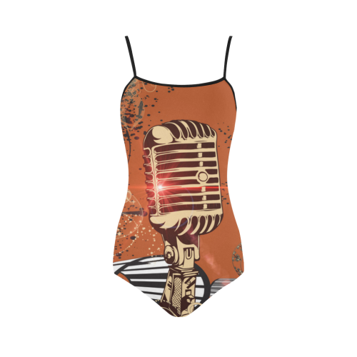 Music, golden microphone and piano Strap Swimsuit ( Model S05)