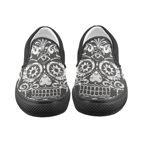 Skull, black silver metal Women's Unusual Slip-on Canvas Shoes (Model 019)