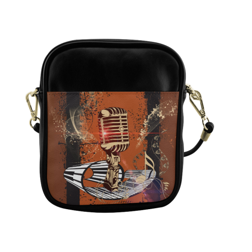 Music, golden microphone and piano Sling Bag (Model 1627)