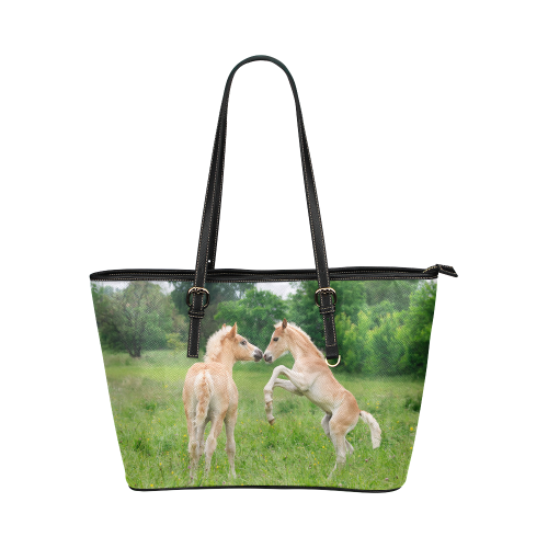 Haflinger Horses Cute Funny Pony Foals Playing Horse Rearing Leather Tote Bag/Small (Model 1651)