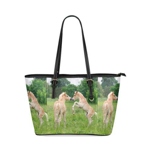 Haflinger Horses Cute Funny Pony Foals Playing Horse Rearing Leather Tote Bag/Large (Model 1640)