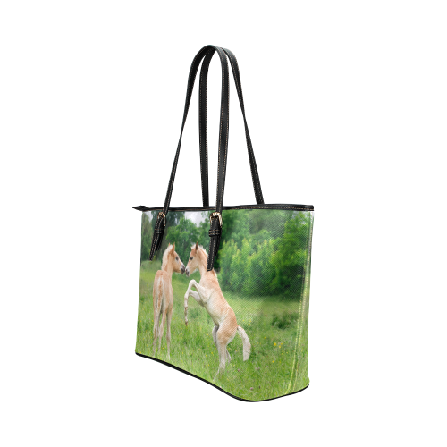 Haflinger Horses Cute Funny Pony Foals Playing Horse Rearing Leather Tote Bag/Small (Model 1651)