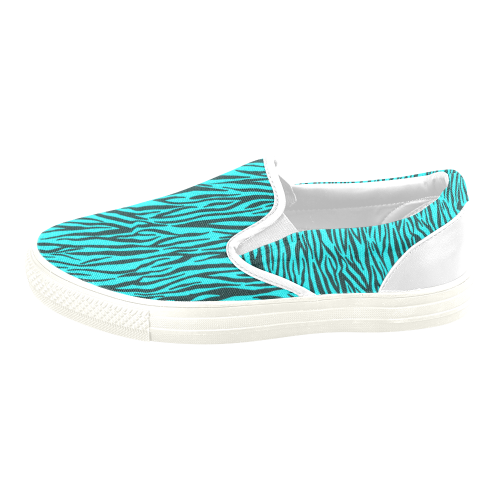 Turquoise Zebra Stripes Women's Unusual Slip-on Canvas Shoes (Model 019)