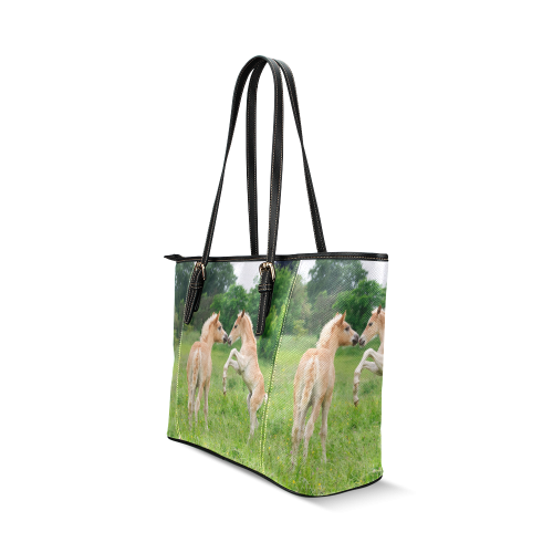 Haflinger Horses Cute Funny Pony Foals Playing Horse Rearing Leather Tote Bag/Large (Model 1640)