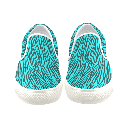 Turquoise Zebra Stripes Women's Unusual Slip-on Canvas Shoes (Model 019)