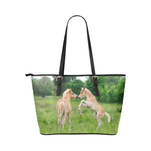 Haflinger Horses Cute Funny Pony Foals Playing Horse Rearing Leather Tote Bag/Small (Model 1651)