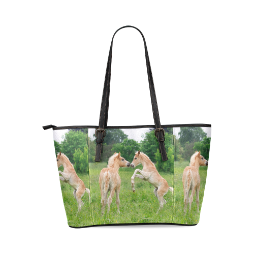 Haflinger Horses Cute Funny Pony Foals Playing Horse Rearing Leather Tote Bag/Large (Model 1640)