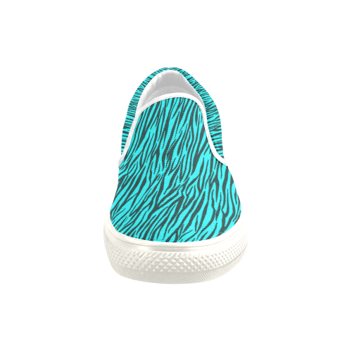 Turquoise Zebra Stripes Women's Unusual Slip-on Canvas Shoes (Model 019)