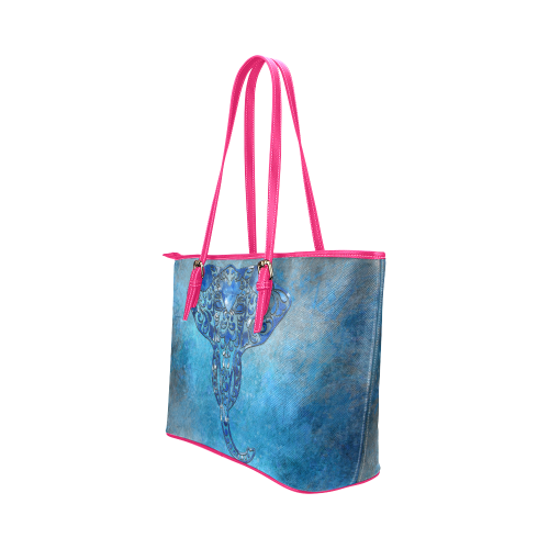 A blue watercolor elephant portrait in denim look Leather Tote Bag/Large (Model 1651)