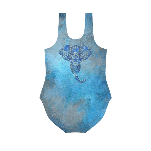 A blue watercolor elephant portrait in denim look Vest One Piece Swimsuit (Model S04)