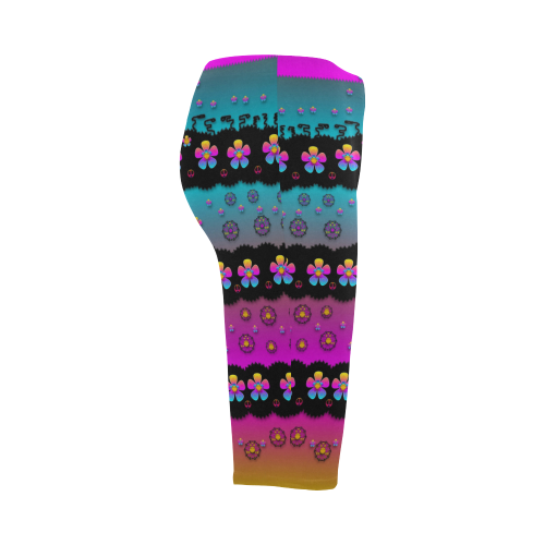 Rainbow  big flowers in peace for love and freedom Hestia Cropped Leggings (Model L03)
