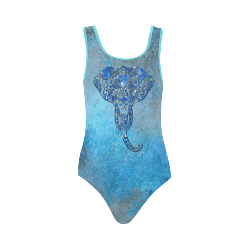 A blue watercolor elephant portrait in denim look Vest One Piece Swimsuit (Model S04)
