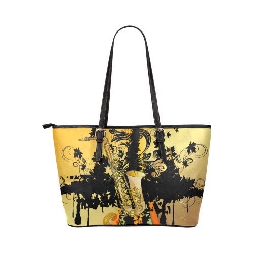Saxophone with flowers Leather Tote Bag/Small (Model 1651)