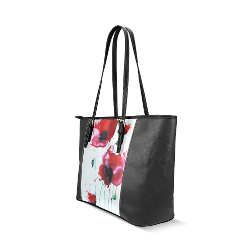 Poppies Leather Tote Panel Design Leather Tote Bag/Small (Model 1640)