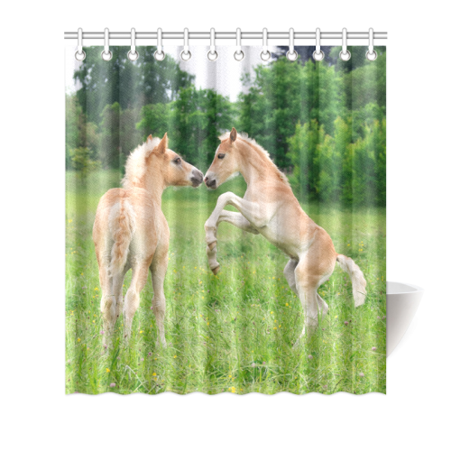 Haflinger Horses Cute Funny Pony Foals Playing Horse Rearing Shower Curtain 66"x72"