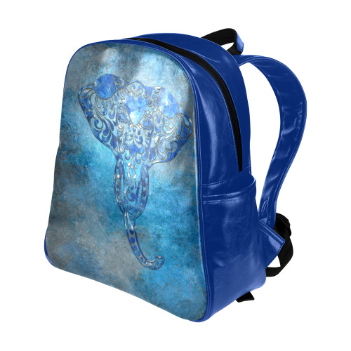 A blue watercolor elephant portrait in denim look Multi-Pockets Backpack (Model 1636)