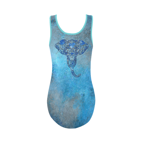 A blue watercolor elephant portrait in denim look Vest One Piece Swimsuit (Model S04)