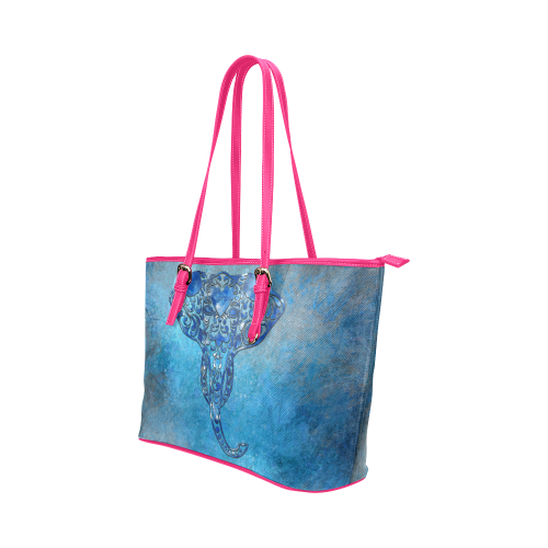 A blue watercolor elephant portrait in denim look Leather Tote Bag/Large (Model 1651)