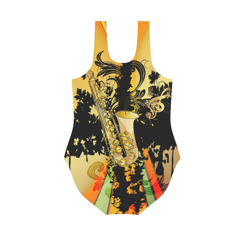 Saxophone with flowers Vest One Piece Swimsuit (Model S04)