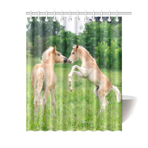 Haflinger Horses Cute Funny Pony Foals Playing Horse Rearing Shower Curtain 60"x72"