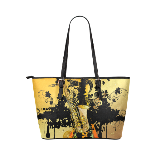 Saxophone with flowers Leather Tote Bag/Large (Model 1651)