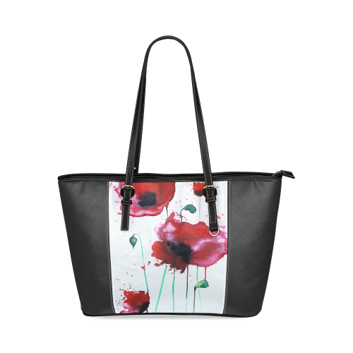 Poppies Leather Tote Panel Design Leather Tote Bag/Small (Model 1640)