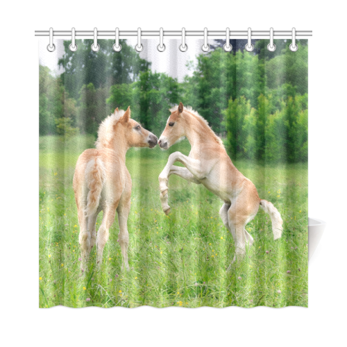 Haflinger Horses Cute Funny Pony Foals Playing Horse Rearing Shower Curtain 72"x72"