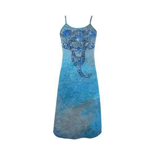 A blue watercolor elephant portrait in denim look Alcestis Slip Dress (Model D05)