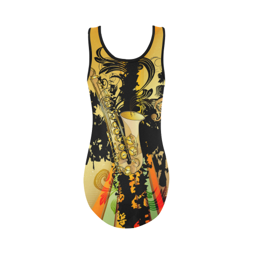 Saxophone with flowers Vest One Piece Swimsuit (Model S04)