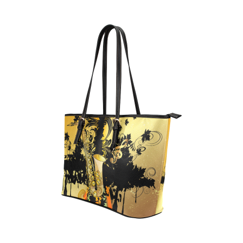 Saxophone with flowers Leather Tote Bag/Large (Model 1651)