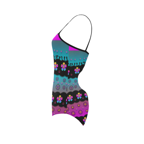 Rainbow  big flowers in peace for love and freedom Strap Swimsuit ( Model S05)