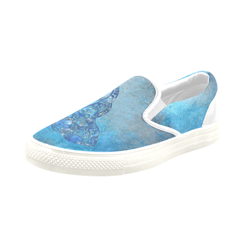 A blue watercolor elephant portrait in denim look Men's Slip-on Canvas Shoes (Model 019)