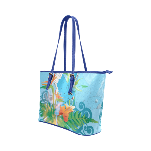 Cute budgies Leather Tote Bag/Large (Model 1651)