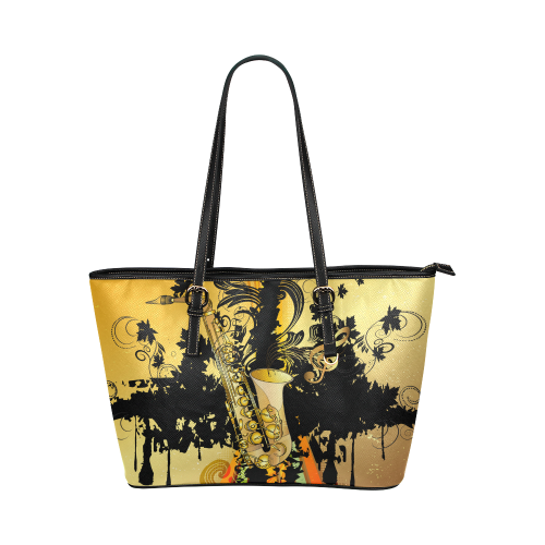 Saxophone with flowers Leather Tote Bag/Large (Model 1651)