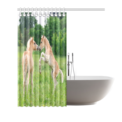 Haflinger Horses Cute Funny Pony Foals Playing Horse Rearing Shower Curtain 66"x72"