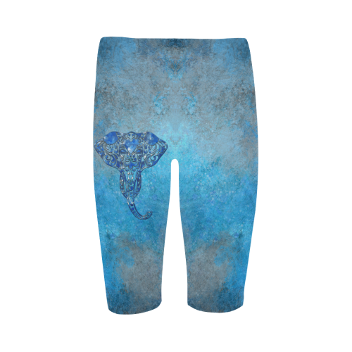 A blue watercolor elephant portrait in denim look Hestia Cropped Leggings (Model L03)