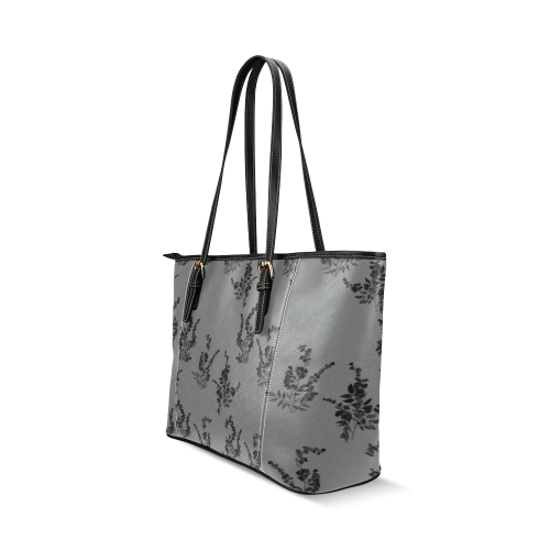 Tiny black flowers gray Leather Tote Bag/Small (Model 1640)