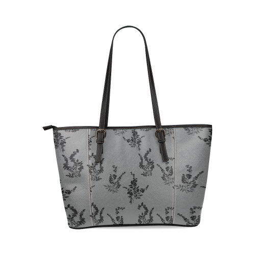 Tiny black flowers gray Leather Tote Bag/Small (Model 1640)