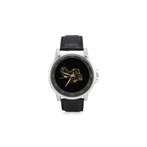 Wonderful gold, black elephant Unisex Stainless Steel Leather Strap Watch(Model 202)