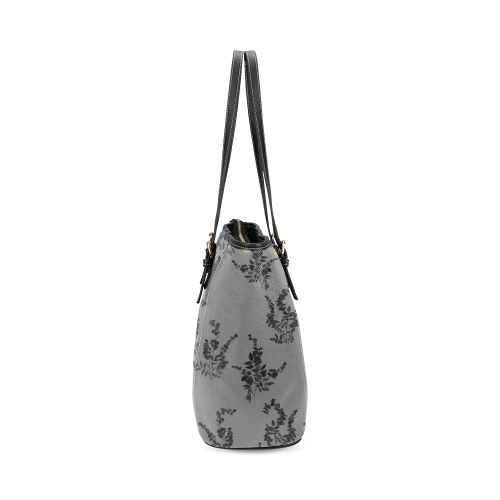 Tiny black flowers gray Leather Tote Bag/Small (Model 1640)